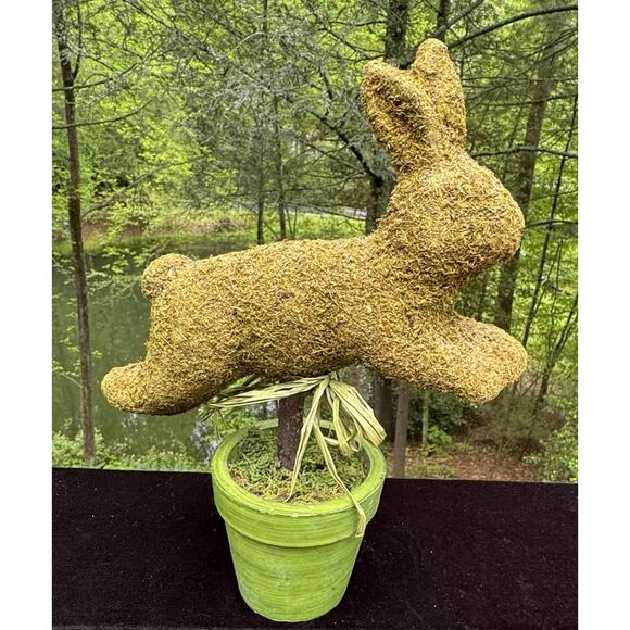 Mossy Green Flocked Bunny Rabbit In Flower Pot Spring Easter Decor - Picture 3 of 8